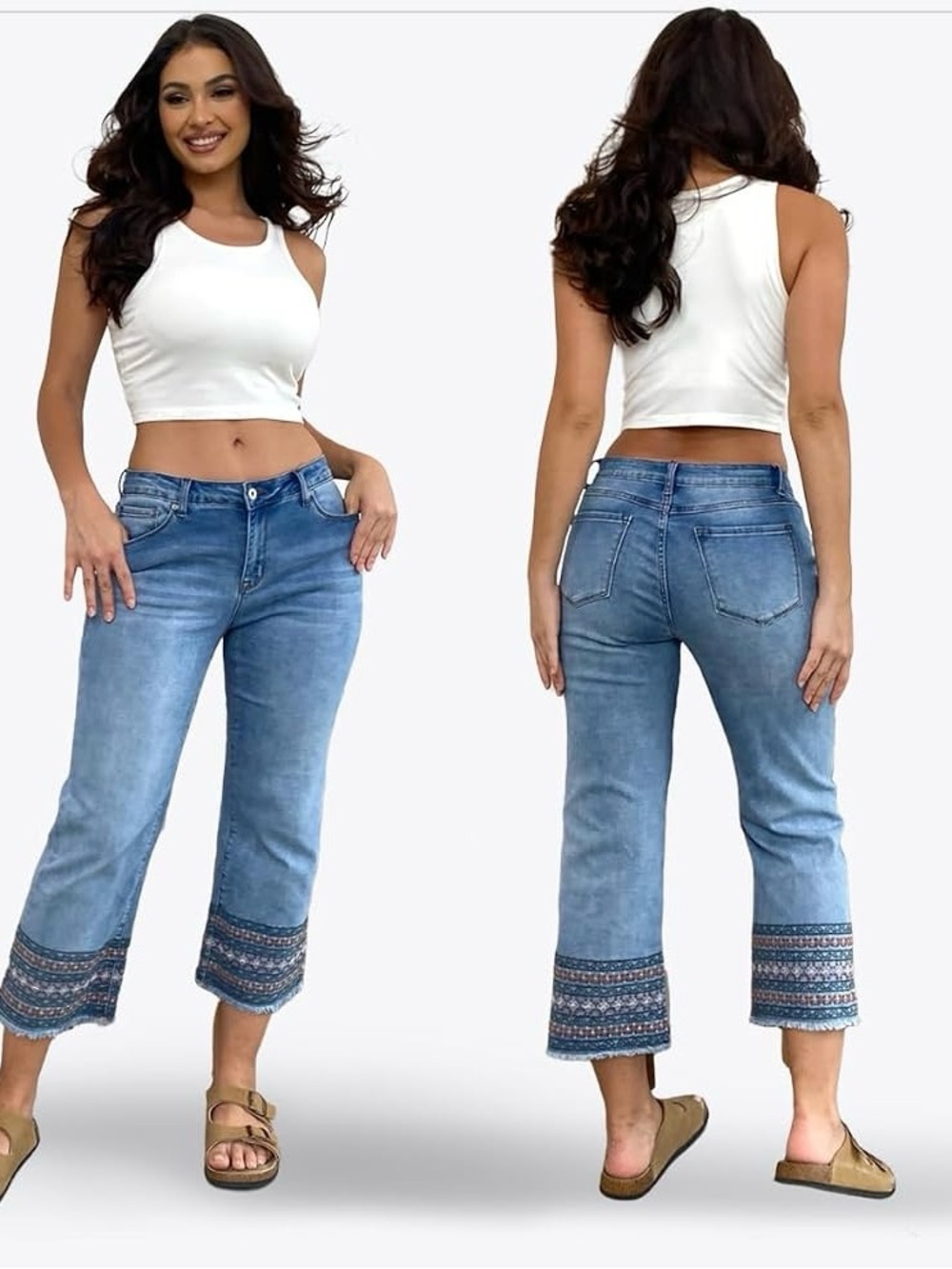 Flamingals Cropped Embroidered Jeans | XL (12/14)| Raw Hem Boho Denim - Picture 2 of 8